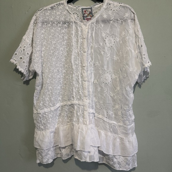 Johnny Was White Hyacinth Blouse Eyelet Lace Large short Sleeve Top Button Boho - Picture 2 of 16